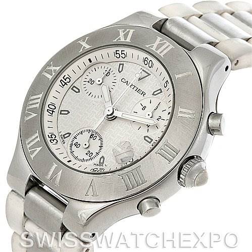 This image shows a top-front angled view of the Cartier Must 21 Chronoscaph W10184U2 Men's Stainless Steel White Dial W10184U2 Men's Stainless Steel White Dial, focusing on its face, bezel, and part of the bracelet.