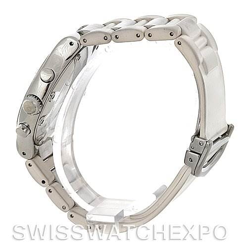 The image shows a side view of the Cartier Must 21 Chronoscaph W10184U2 Men's Stainless Steel White Dial W10184U2 Men's Stainless Steel White Dial watch, highlighting the crown, pushers, and part of the bracelet.