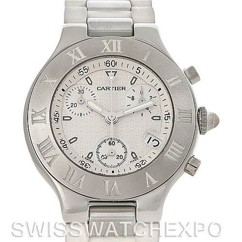 The image shows a front view of a Cartier Must 21 Chronoscaph W10184U2 Men's Stainless Steel White Dial W10184U2 Men's Stainless Steel White Dial watch, highlighting its face, bezel, and stainless steel bracelet.