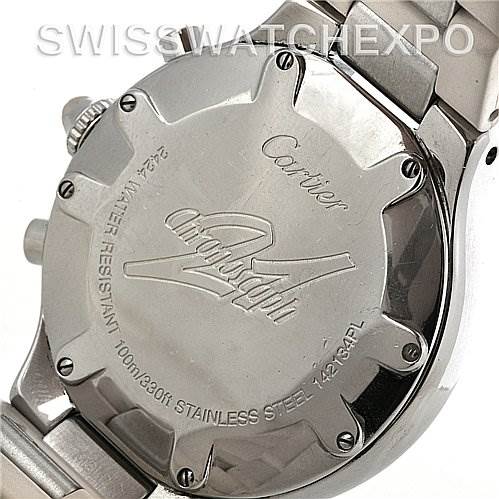 This image shows the back case of a Cartier Must 21 Chronoscaph W10184U2 Men's Stainless Steel White Dial W10184U2 Men's Stainless Steel White Dial watch, displaying its engravings and stainless steel bracelet.