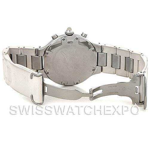 This image shows the back case and bracelet of the Cartier Must 21 Chronoscaph W10184U2 Men's Stainless Steel White Dial W10184U2 Men's Stainless Steel White Dial model watch from an angle.