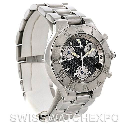 The image shows a Cartier Must 21 Chronoscaph W10172T2 Men
s Stainless Steel Black Dial W10172T2 Men
s Stainless Steel Black Dial watch, angled to display the face, bezel, and part of the bracelet.