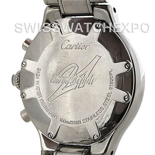 The image shows the back case of the Cartier Must 21 Chronoscaph W10172T2 Men
s Stainless Steel Black Dial W10172T2 Men
s Stainless Steel Black Dial watch, highlighting its water resistance and stainless steel build.