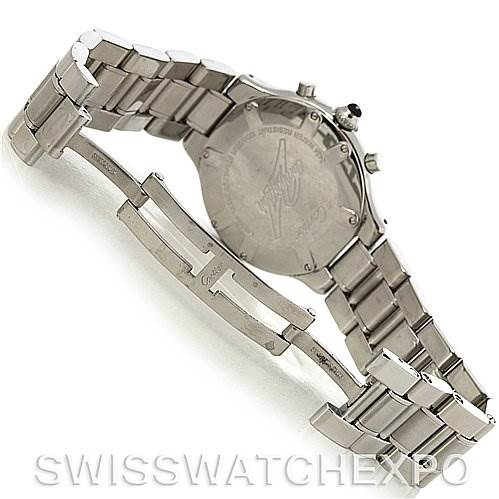 The Cartier Must 21 Chronoscaph W10172T2 Men
s Stainless Steel Black Dial W10172T2 Men
s Stainless Steel Black Dial watch is shown from a rear angle, focusing on its case back and metal bracelet.