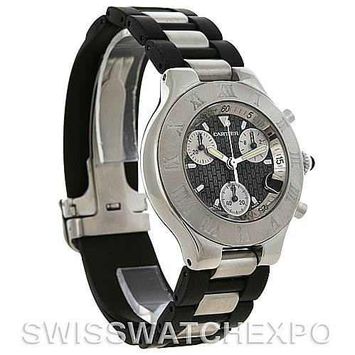 The image shows a Cartier Must 21 Chronoscaph 2424 45122PL Men's Stainless Steel Black Dial 2424 45122PL Men's Stainless Steel Black Dial watch from a side angle, highlighting its face, bezel, and bracelet.