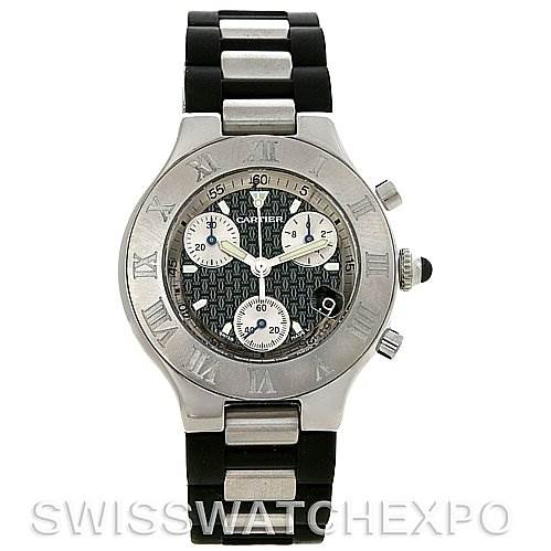 This image shows a front view of the Cartier Must 21 Chronoscaph 2424 45122PL Men's Stainless Steel Black Dial 2424 45122PL Men's Stainless Steel Black Dial watch, highlighting its face, bezel, and bracelet.