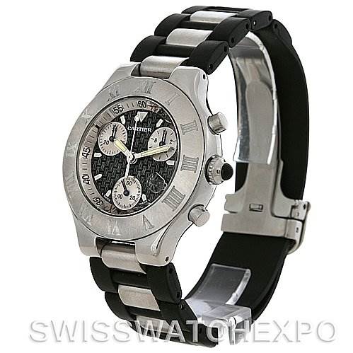 The image shows a side and angled view of the Cartier Must 21 Chronoscaph 2424 45122PL Men's Stainless Steel Black Dial 2424 45122PL Men's Stainless Steel Black Dial watch, highlighting its bracelet, bezel, and dial.