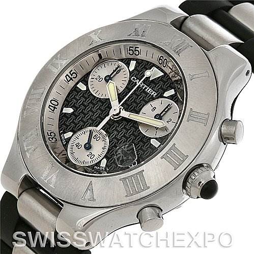 This image shows a Must 21 Chronoscaph model by Cartier at an angle highlighting the watch face, bezel, chronograph dials, and part of the strap.