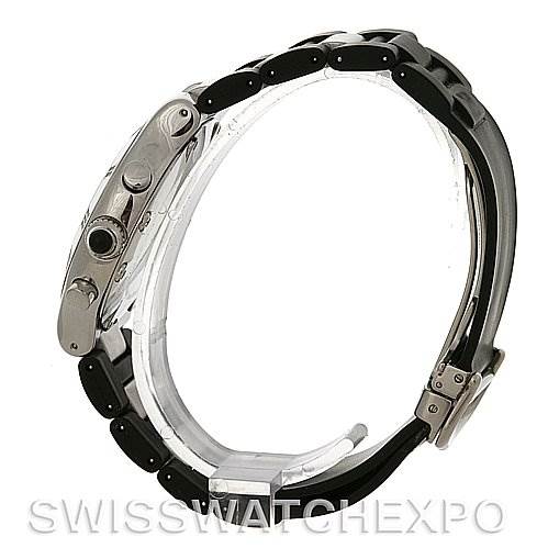 The image shows the side profile of a Cartier Must 21 Chronoscaph 2424 45122PL Men's Stainless Steel Black Dial 2424 45122PL Men's Stainless Steel Black Dial watch, highlighting its case, buttons, and part of the bracelet.