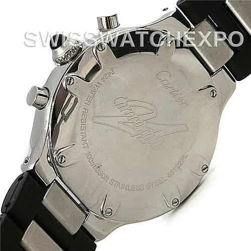The image shows the back case and parts of the strap of the Cartier Must 21 Chronoscaph 2424 45122PL Men's Stainless Steel Black Dial 2424 45122PL Men's Stainless Steel Black Dial watch.