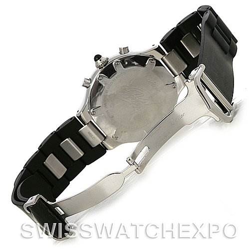 The image shows the back view of a Cartier Must 21 Chronoscaph 2424 45122PL Men's Stainless Steel Black Dial 2424 45122PL Men's Stainless Steel Black Dial watch, featuring an open clasp and black rubber strap.