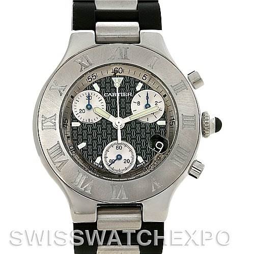 This image features a front view of the Cartier Must 21 Chronoscaph 2424 45122PL Men's Stainless Steel Black Dial 2424 45122PL Men's Stainless Steel Black Dial watch, showing the face, bezel, and part of the bracelet.