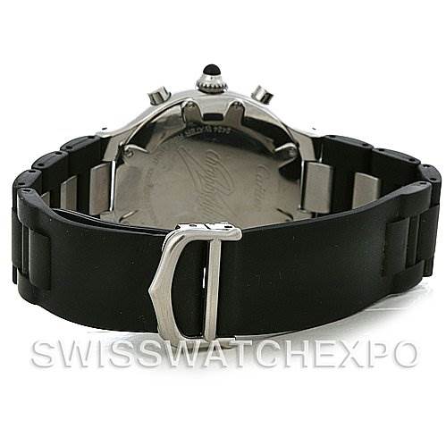 The image shows the back view of a Cartier Must 21 Chronoscaph 2424 45122PL Men's Stainless Steel Black Dial 2424 45122PL Men's Stainless Steel Black Dial watch, focusing on the clasp and part of the black rubber strap.