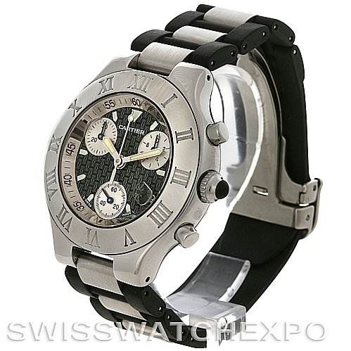 The image shows a Cartier Must 21 Chronoscaph W10125U2 Men
s Stainless Steel Black Dial W10125U2 Men
s Stainless Steel Black Dial model watch at a three-quarter angle, highlighting the face, bezel, buttons, and part of the strap.