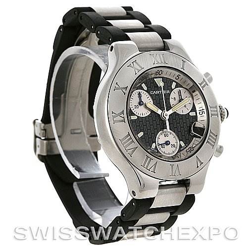 The Cartier Must 21 Chronoscaph W10125U2 Men
s Stainless Steel Black Dial W10125U2 Men
s Stainless Steel Black Dial watch is shown from a front-left angle, highlighting its face, bezel, and bracelet.