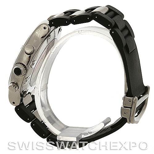 The Cartier Must 21 Chronoscaph W10125U2 Men
s Stainless Steel Black Dial W10125U2 Men
s Stainless Steel Black Dial watch is shown from the side, displaying the case, crown, buttons, and part of the strap.