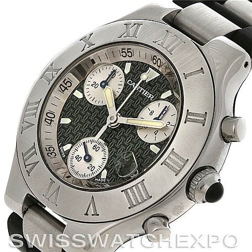 This image shows a close-up angled view of the Cartier Must 21 Chronoscaph W10125U2 Men
s Stainless Steel Black Dial W10125U2 Men
s Stainless Steel Black Dial watch, highlighting its dial, bezel, and pushers.