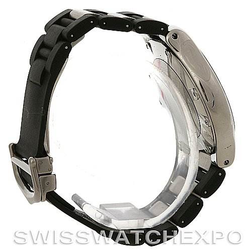 The image shows a side view of the Cartier Must 21 Chronoscaph W10125U2 Men
s Stainless Steel Black Dial W10125U2 Men
s Stainless Steel Black Dial watch, focusing on the strap, buckle, and case.