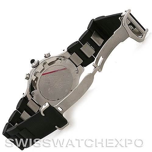 The image shows the back and sides of a Cartier Must 21 Chronoscaph W10125U2 Men
s Stainless Steel Black Dial W10125U2 Men
s Stainless Steel Black Dial watch, highlighting its stainless steel case, case back, and strap.