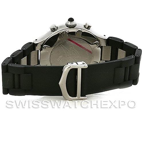 The image shows the back view of the Cartier Must 21 Chronoscaph W10125U2 Men
s Stainless Steel Black Dial W10125U2 Men
s Stainless Steel Black Dial watch, focusing on the clasp and bracelet.