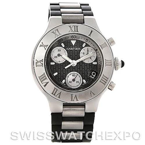 This image shows a front view of the Cartier Must 21 Chronoscaph W10125U2 Men's Stainless Steel Black Dial W10125U2 Men's Stainless Steel Black Dial, highlighting the watch face, bezel, and bracelet.