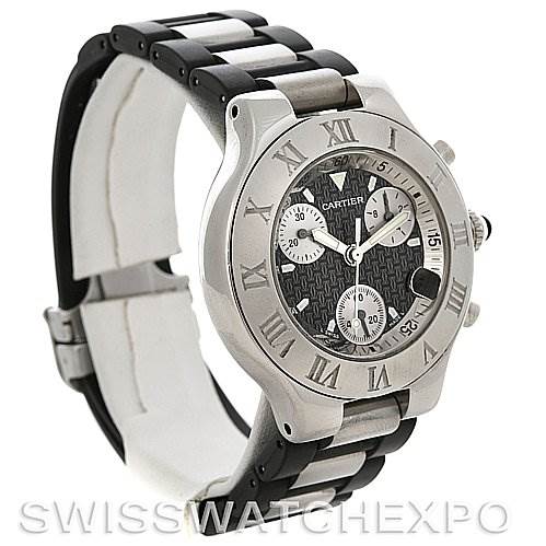 This image shows a side and front angle of the Cartier Must 21 Chronoscaph W10125U2 Men's Stainless Steel Black Dial W10125U2 Men's Stainless Steel Black Dial watch, highlighting its face, bezel, and partial strap.