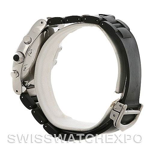 The image shows a side view of the Cartier Must 21 Chronoscaph W10125U2 Men's Stainless Steel Black Dial W10125U2 Men's Stainless Steel Black Dial watch, focusing on the case, side buttons, and black strap with a buckle.