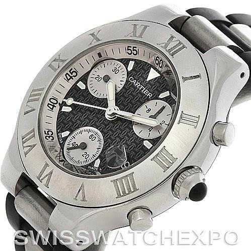 The image shows a Cartier Must 21 Chronoscaph W10125U2 Men's Stainless Steel Black Dial W10125U2 Men's Stainless Steel Black Dial watch at a slight angle, displaying the face, bezel with Roman numerals, and chronograph pushers.