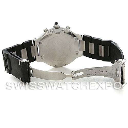 The image shows the Cartier Must 21 Chronoscaph W10125U2 Men's Stainless Steel Black Dial W10125U2 Men's Stainless Steel Black Dial watch from the back, highlighting the case back, bracelet, and clasp.