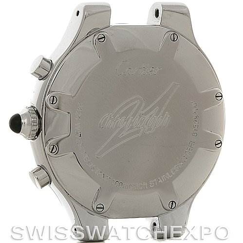 The image shows the back casing of a Cartier Must 21 Chronoscaph W10125U2 Men's Stainless Steel Black Dial W10125U2 Men's Stainless Steel Black Dial watch from a rear angle.