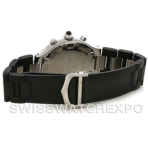 This image shows the back and side view of the Cartier Must 21 Chronoscaph W10125U2 Men's Stainless Steel Black Dial W10125U2 Men's Stainless Steel Black Dial watch, highlighting the clasp and part of the strap.