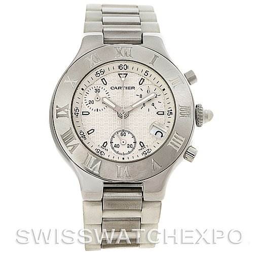 The image shows a front view of the Cartier Must 21 Chronoscaph W10184U2 Men
s Stainless Steel White Dial W10184U2 Men
s Stainless Steel White Dial watch, displaying its face and bracelet.