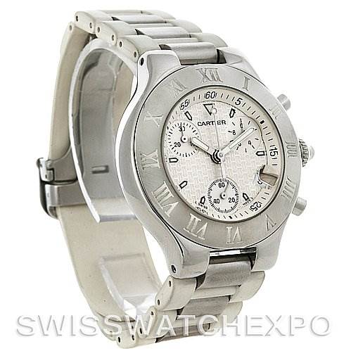 The Cartier Must 21 Chronoscaph W10184U2 Men
s Stainless Steel White Dial W10184U2 Men
s Stainless Steel White Dial watch is shown at a three-quarter front angle, highlighting the dial, bezel, and bracelet.