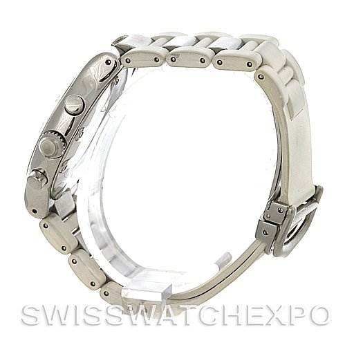 The image shows a side view of a Cartier Must 21 Chronoscaph W10184U2 Men
s Stainless Steel White Dial W10184U2 Men
s Stainless Steel White Dial model watch, highlighting the bezel, buttons, and part of the bracelet.