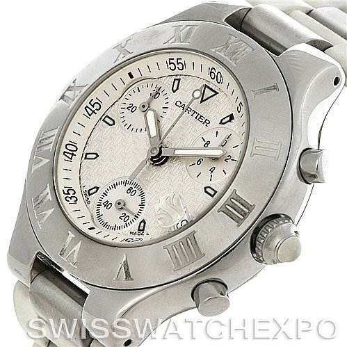 The image shows a Cartier Must 21 Chronoscaph W10184U2 Men
s Stainless Steel White Dial W10184U2 Men
s Stainless Steel White Dial watch from a top-front angle, highlighting its dial, bezel, and bracelet.