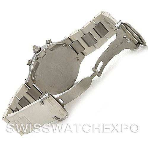 The image shows a Cartier Must 21 Chronoscaph W10184U2 Men
s Stainless Steel White Dial W10184U2 Men
s Stainless Steel White Dial watch from the back, highlighting the case back and part of the opened stainless steel bracelet.