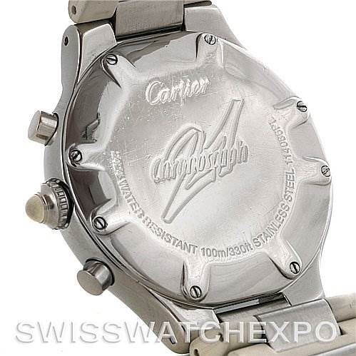 This image shows the back case, crown, and pushers of a Cartier Must 21 Chronoscaph W10184U2 Men
s Stainless Steel White Dial W10184U2 Men
s Stainless Steel White Dial watch at an angled rear view.