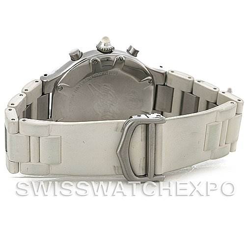 This image shows the back of the Cartier Must 21 Chronoscaph W10184U2 Men
s Stainless Steel White Dial W10184U2 Men
s Stainless Steel White Dial watch, highlighting its clasp and bracelet.