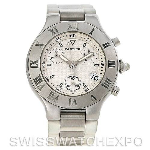 The image shows a front view of the Cartier Must 21 Chronoscaph W10184U2 Men
s Stainless Steel White Dial W10184U2 Men
s Stainless Steel White Dial watch, displaying its face, bezel, crown, and bracelet.