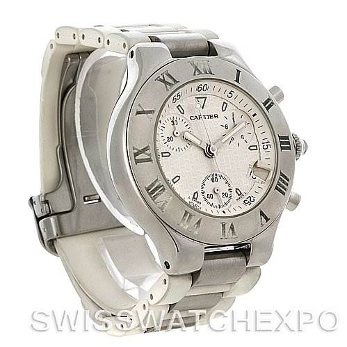 The image shows the Cartier Must 21 Chronoscaph W10184U2 Men
s Stainless Steel White Dial W10184U2 Men
s Stainless Steel White Dial model watch from a side angle, displaying its face, bezel, and stainless steel bracelet.