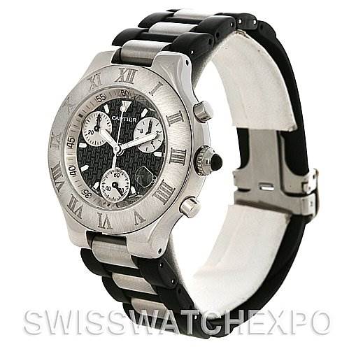 The image shows a Cartier Must 21 Chronoscaph W10125U2 Men's Stainless Steel Black Dial W10125U2 Men's Stainless Steel Black Dial watch angled slightly to display the face, bezel, and part of the bracelet.