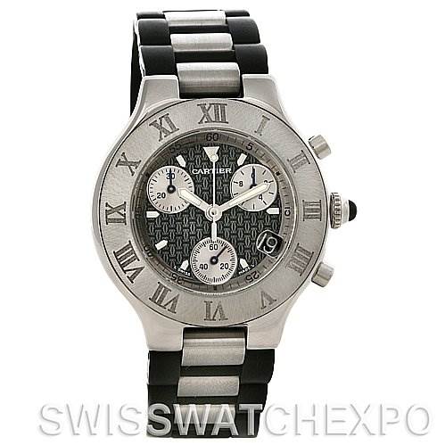 This image shows a frontal view of the Cartier Must 21 Chronoscaph W10125U2 Men's Stainless Steel Black Dial W10125U2 Men's Stainless Steel Black Dial watch, showcasing its face, bezel, and bracelet.