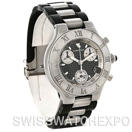 The Must 21 Chronoscaph by Cartier is shown at a three-quarter angle, highlighting its face, Roman numeral bezel, and two-tone bracelet.