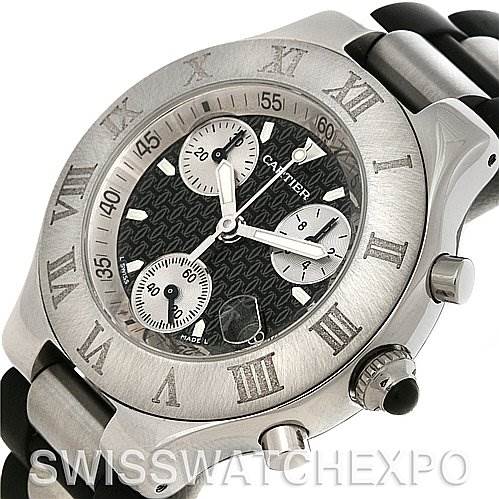 This image shows a close-up angle of the Cartier Must 21 Chronoscaph W10125U2 Men's Stainless Steel Black Dial W10125U2 Men's Stainless Steel Black Dial watch, highlighting its face, bezel, and part of the band.