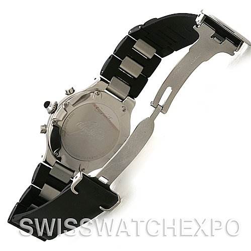 The image shows the back case and open clasp of a Cartier Must 21 Chronoscaph W10125U2 Men's Stainless Steel Black Dial W10125U2 Men's Stainless Steel Black Dial watch, with a view of its bracelet.