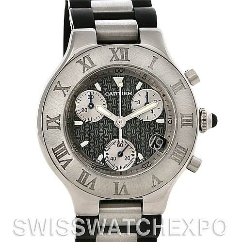 This image shows a front view of the Cartier Must 21 Chronoscaph W10125U2 Men's Stainless Steel Black Dial W10125U2 Men's Stainless Steel Black Dial watch, highlighting the face, bezel, and part of the bracelet.