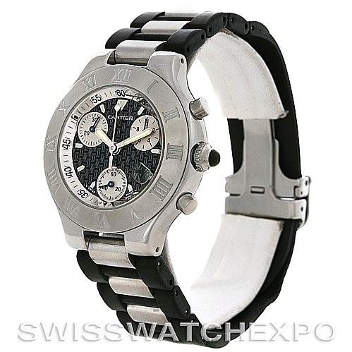 The image shows a side view of the Cartier Must 21 Chronoscaph W10125U2 Men
s Stainless Steel Black Dial W10125U2 Men
s Stainless Steel Black Dial watch displaying its bracelet, case, bezel, and dial with subdials.