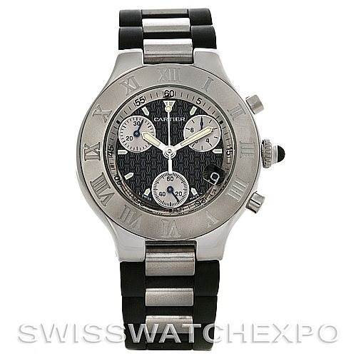 The image shows a front view of the Cartier Must 21 Chronoscaph W10125U2 Men
s Stainless Steel Black Dial W10125U2 Men
s Stainless Steel Black Dial watch, displaying the face, bezel, and part of the band.