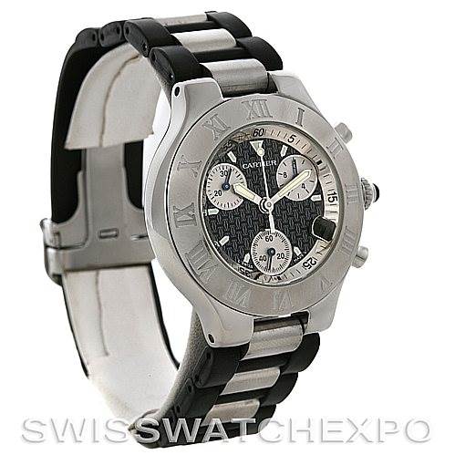 The image shows a Cartier Must 21 Chronoscaph W10125U2 Men
s Stainless Steel Black Dial W10125U2 Men
s Stainless Steel Black Dial watch from an angled side view, highlighting its dial, bezel, and strap.