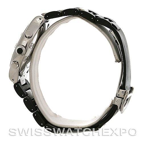 The image shows the side profile of a Cartier Must 21 Chronoscaph W10125U2 Men
s Stainless Steel Black Dial W10125U2 Men
s Stainless Steel Black Dial watch, highlighting the metal case and partially visible strap.